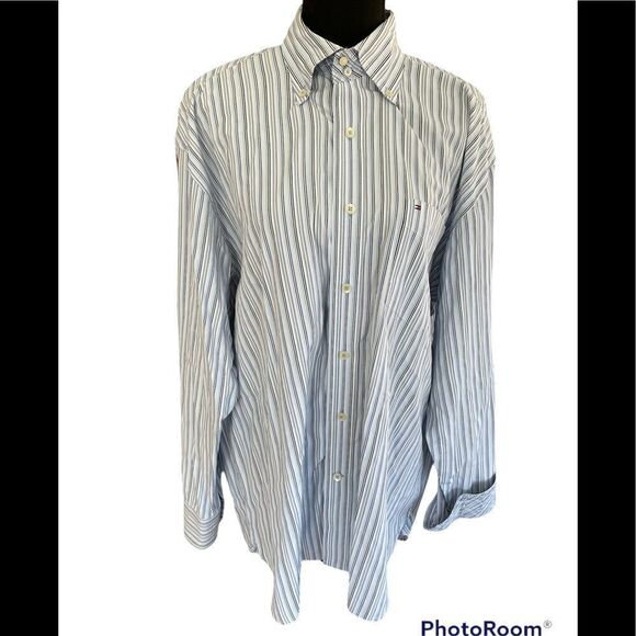 Tommy Hilfiger 80’s 2 ply fabric button front/collar blue striped shirt, sz L - Picture 1 of 8